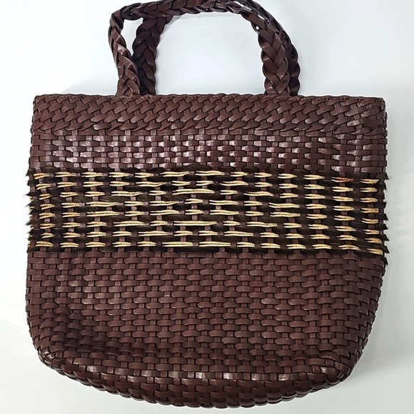 Woven Leather & Suede Brown & Tan Handbag w Braided Handles & Cowhide Accents - Picture 1 of 12